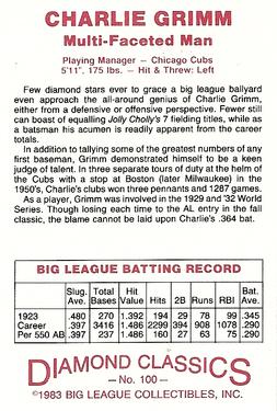 1982-83 Diamond Classics #100 Charlie Grimm Back