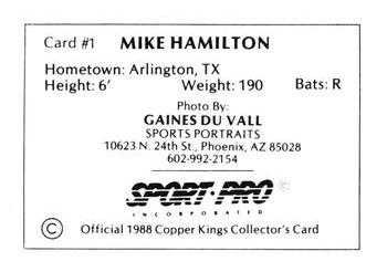 1988 Sport Pro Butte Copper Kings #1 Mike Hamilton Back