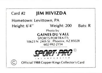 1988 Sport Pro Butte Copper Kings #2 Jim Hvizda Back
