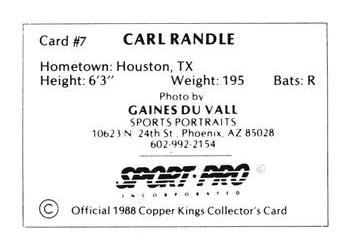1988 Sport Pro Butte Copper Kings #7 Carl Randle Back