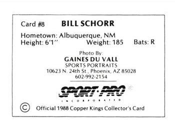 1988 Sport Pro Butte Copper Kings #8 Bill Schorr Back