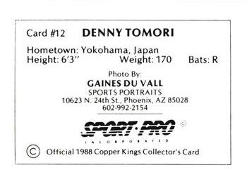 1988 Sport Pro Butte Copper Kings #12 Denney Tomori Back