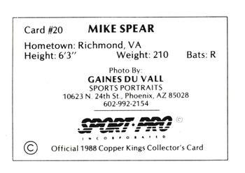 1988 Sport Pro Butte Copper Kings #20 Mike Spear Back