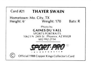 1988 Sport Pro Butte Copper Kings #21 Thayer Swain Back