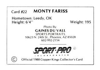 1988 Sport Pro Butte Copper Kings #22 Monty Fariss Back
