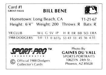 1988 Sport Pro Great Falls Dodgers #1 Bill Bene Back