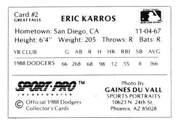 1988 Sport Pro Great Falls Dodgers #2 Eric Karros Back