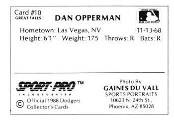 1988 Sport Pro Great Falls Dodgers #10 Dan Opperman Back