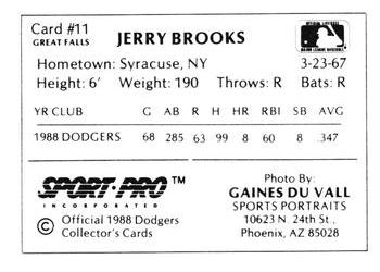 1988 Sport Pro Great Falls Dodgers #11 Jerry Brooks Back