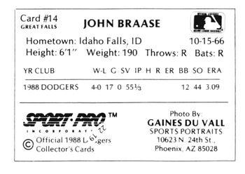 1988 Sport Pro Great Falls Dodgers #14 John Braase Back