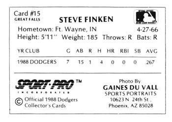 1988 Sport Pro Great Falls Dodgers #15 Steve Finken Back