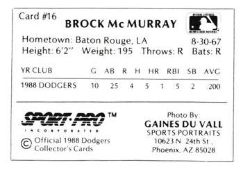 1988 Sport Pro Great Falls Dodgers #16 Brock McMurray Back