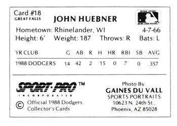 1988 Sport Pro Great Falls Dodgers #18 John Huebner Back