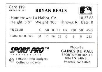 1988 Sport Pro Great Falls Dodgers #19 Bryan Beals Back