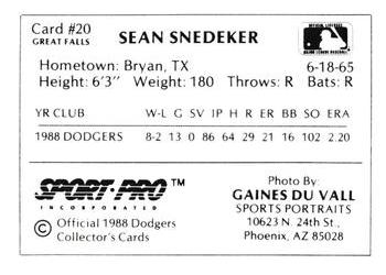 1988 Sport Pro Great Falls Dodgers #20 Sean Snedeker Back