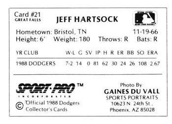 1988 Sport Pro Great Falls Dodgers #21 Jeff Hartsock Back