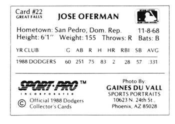 1988 Sport Pro Great Falls Dodgers #22 Jose Offerman Back