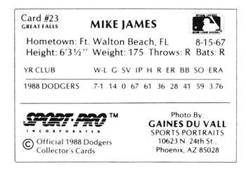 1988 Sport Pro Great Falls Dodgers #23 Mike James Back
