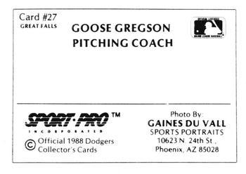 1988 Sport Pro Great Falls Dodgers #27 Goose Gregson Back