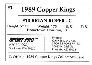 1989 Sport Pro Butte Copper Kings #3 Brian Roper Back