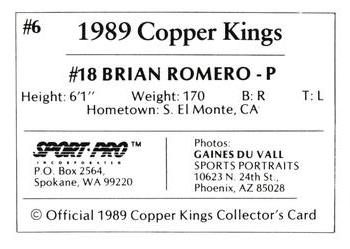 1989 Sport Pro Butte Copper Kings #6 Brian Romero Back