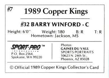 1989 Sport Pro Butte Copper Kings #7 Barry Winford Back