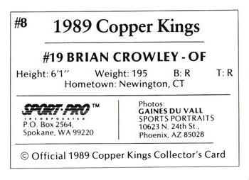 1989 Sport Pro Butte Copper Kings #8 Brian Crowley Back