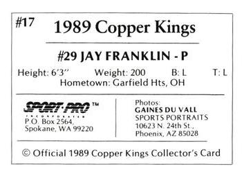 1989 Sport Pro Butte Copper Kings #17 Jay Franklin Back