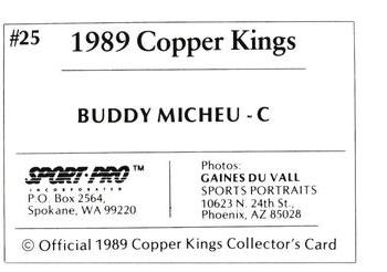 1989 Sport Pro Butte Copper Kings #25 Buddy Micheu Back
