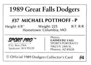 1989 Sport Pro Great Falls Dodgers #4 Michael Potthoff Back