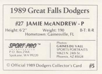1989 Sport Pro Great Falls Dodgers #5 Jamie McAndrew Back