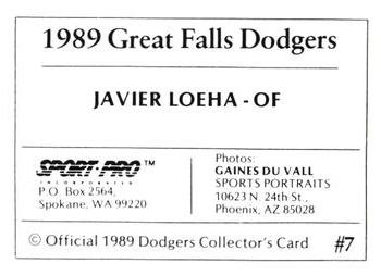 1989 Sport Pro Great Falls Dodgers #7 Javier Loera Back