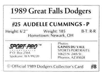 1989 Sport Pro Great Falls Dodgers #8 Audelle Cummings Back