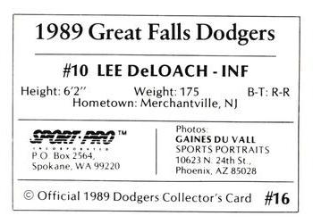 1989 Sport Pro Great Falls Dodgers #16 Lee DeLoach Back