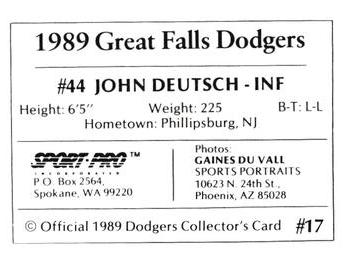 1989 Sport Pro Great Falls Dodgers #17 John Deutsch Back