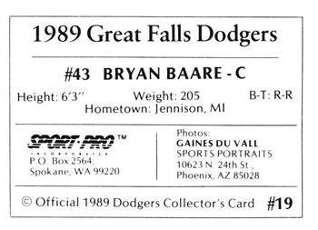 1989 Sport Pro Great Falls Dodgers #19 Bryan Baar Back