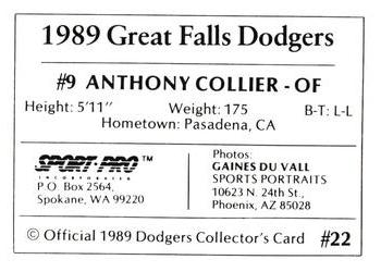 1989 Sport Pro Great Falls Dodgers #22 Anthony Collier Back