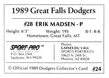 1989 Sport Pro Great Falls Dodgers #24 Erik Madsen Back