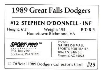 1989 Sport Pro Great Falls Dodgers #25 Steve O'Donnell Back