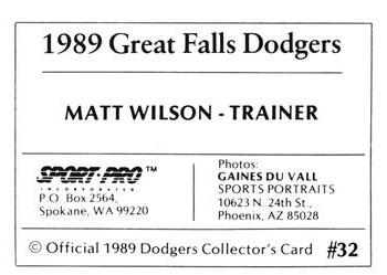 1989 Sport Pro Great Falls Dodgers #32 Matt Wilson Back