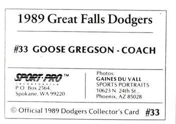 1989 Sport Pro Great Falls Dodgers #33 Goose Gregson Back