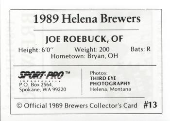 1989 Sport Pro Helena Brewers #13 Joe Roebuck Back