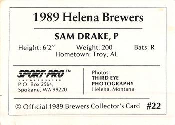 1989 Sport Pro Helena Brewers #22 Sam Drake Back