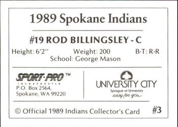 1989 Sport Pro Spokane Indians #3 Rod Billingsley Back