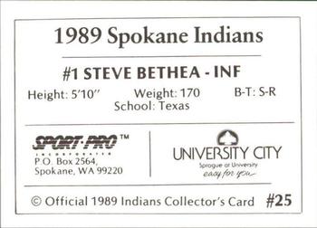 1989 Sport Pro Spokane Indians #25 Steve Bethea Back