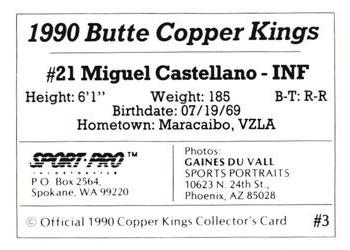 1990 Sport Pro Butte Copper Kings #3 Miguel Castellano Back