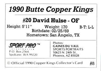 1990 Sport Pro Butte Copper Kings #8 David Hulse Back