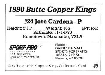 1990 Sport Pro Butte Copper Kings #9 Jose Cardona Back