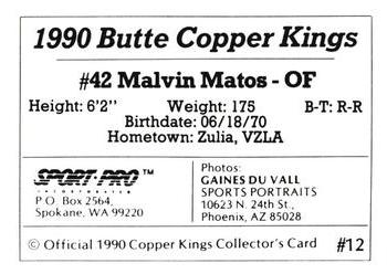 1990 Sport Pro Butte Copper Kings #12 Malvin Matos Back