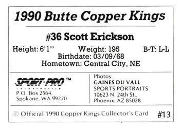 1990 Sport Pro Butte Copper Kings #13 Scott Erickson Back